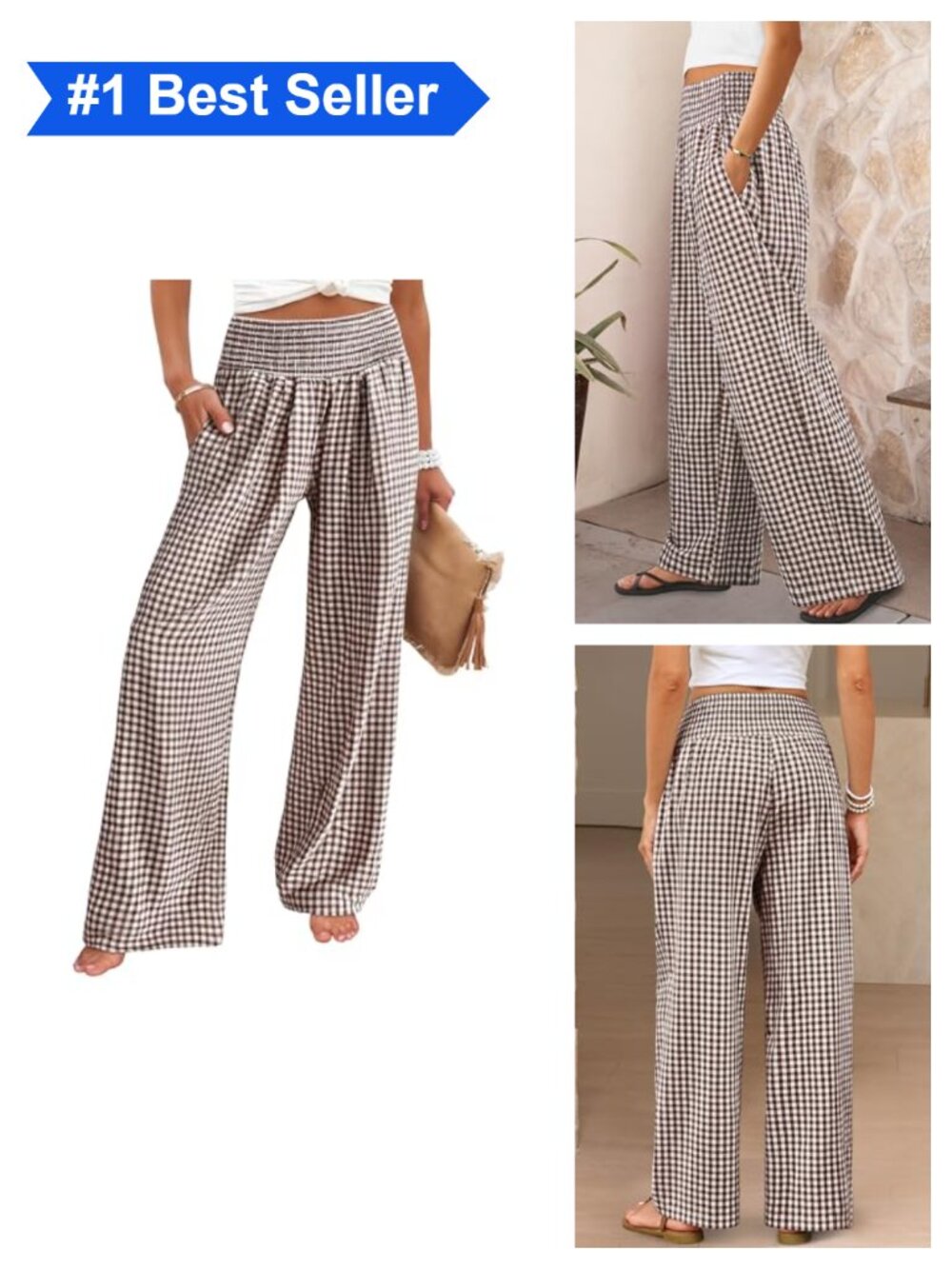 Wide Leg Palazzo Pants Smocked Elastic Waist Rayon Plaid Lounge Bottoms
